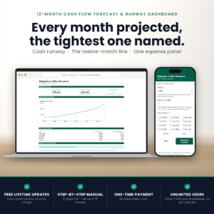 12-month cash flow forecast template in Google Sheets, shown on a laptop with the projected-expense panel open on a phone beside it