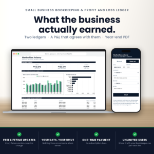 P&L dashboard showing money in, money out and net profit with the margin, beside a phone showing the panel that logs money in or out.