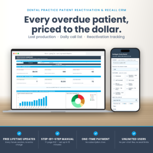 Dental recall spreadsheet shown on a laptop and phone, with the executive dashboard and the call logging sidebar