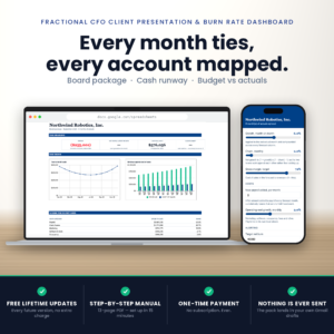 Fractional CFO board report template in Google Sheets, shown on a laptop and phone, with the one-page board package and the forecast lever panel