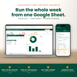 Lawn care route planner spreadsheet shown on a laptop and phone, with the weekly route board and the crew view