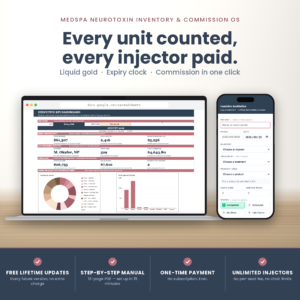 Med spa inventory spreadsheet shown on a laptop and phone, with the executive KPI dashboard and the treatment logging sidebar