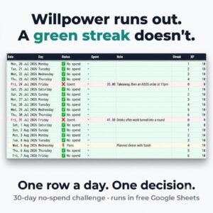 No-Spend Challenge Tracker daily log with streak and XP columns