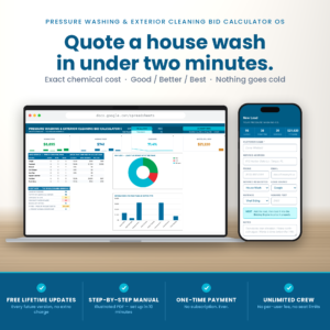 Pressure washing estimate template shown on a laptop and phone, with the bid dashboard and the new lead form